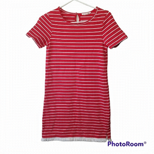 Beachlunchlounge Striped Short Sleeve Midi Shift Dress with Fringe